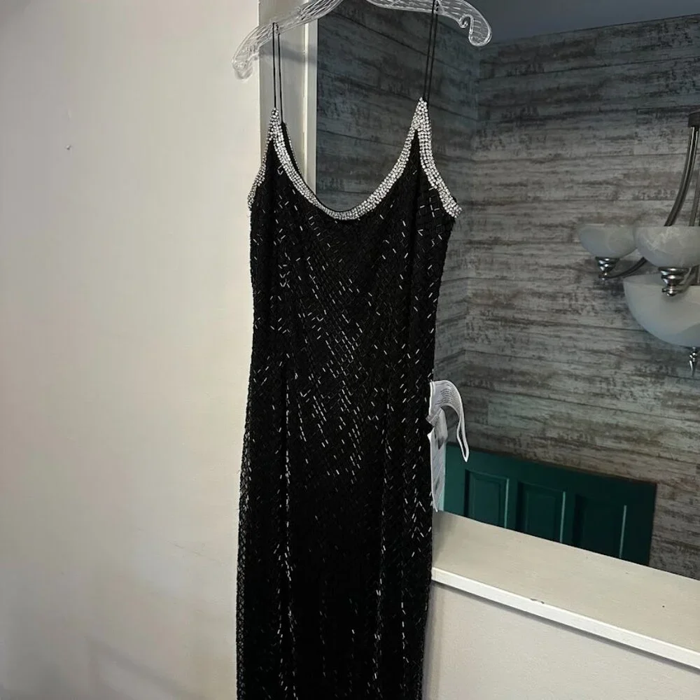 NWT Mac Duggal Black Beaded Spaghetti Strap Gown Sz 14 Formal Evening Dress - Picture 4 of 16